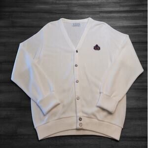 🧶 VTG IZOD 90s Grandpa Cardigan – Men’s M – Ivory Knit – Logo – Made in USA